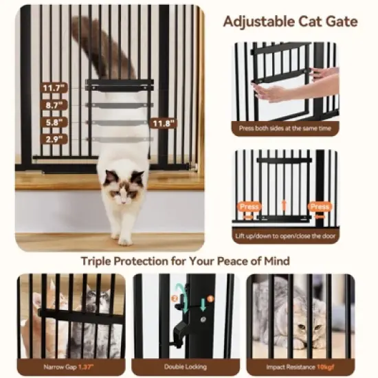 GOTGELIF Pet Gate 55.1" Extra Tall 29.5-40.6" Wide Auto Close Pressure Mount Gate - Adjustable Cat Door image {6}