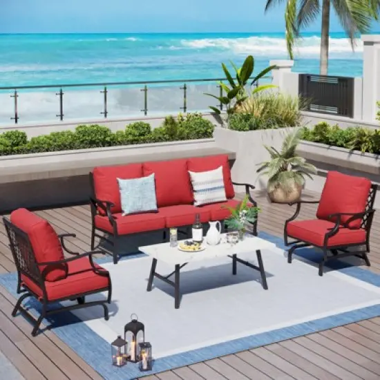 Captiva Designs 4pc Patio Outdoor Conversation Set with Rocking Grid-back Chairs for Garden, Poolside, Backyard image {9}