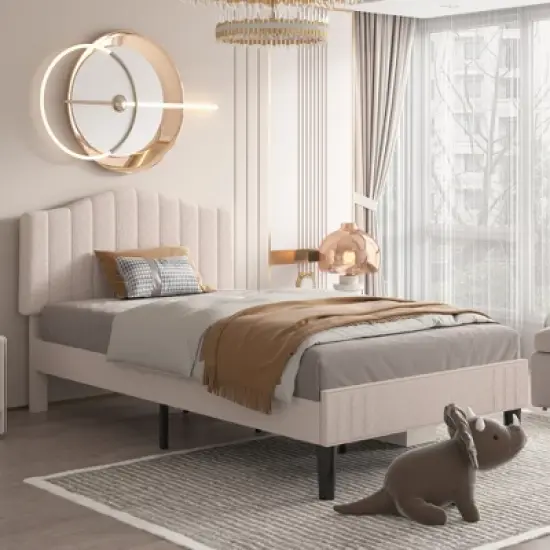 VECELO Bed Frame, Upholstered Platform Bed with Soft Teddy Fabric Adjustable Headboard, Beige/Gray image {14}