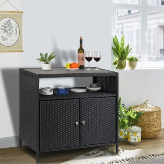 Outdoor Patio Bar Table w/2-Door and Shelf Patio Wicker Storage Cabinet, Powder Coated Steel, All Weather Resin Wicker, Patio Pool Garden, Kitchen image {8}
