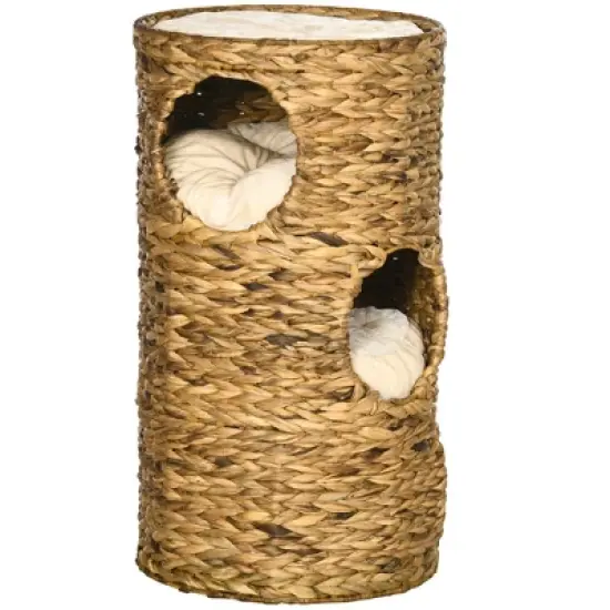 YOOCOZZ PawHut Multi-Level Elevated Cat Tower with Three Hideaways & Four Soft Plush Cushions, Hand-Woven Material-Brown image {2}