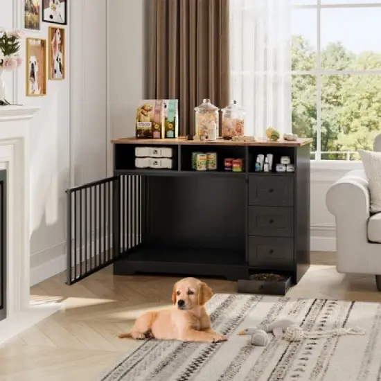 48'' High Quality Wood Dog Crate Furniture with Bowl & Storage Drawers  for Small Medium, Black image {6}