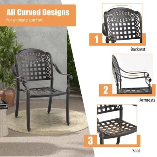 Costway 4pcs Patio Cast Aluminum Armrest Chairs Dining Stackable Outdoor Bronze/White image {7}