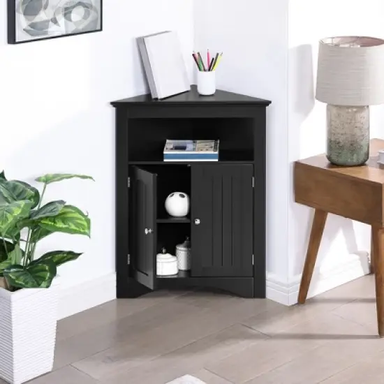 Corner Storage Cabinet, Small Floor Corner Cabinet w/Doors & Adjustable Shelves, Freestanding Narrow Cabinet Organizer for Bathroom, Kitchen image {7}