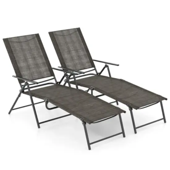 Costway 2 Piece Patio Folding Chaise Lounge Chairs with 6-Level Backrest Reclining Chairs Tan/Black/Grey image {12}