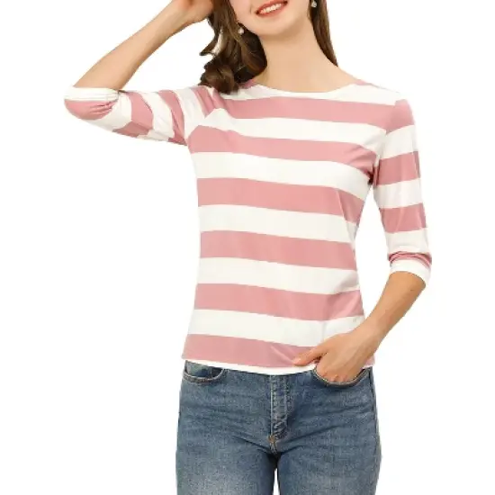Allegra K Women's Elbow Sleeves Casual Basic Boat Neck Slim Fit T-Shirts image {13}