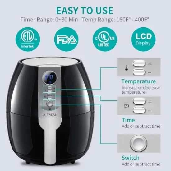 Ultrean Air Fryer, 4.2 Quart Electric Hot Airfryer Oven Oilless Cooker for Quick Easy Meals, Nonstick Frying Pot, UL Certified,1500w, Black image {5}