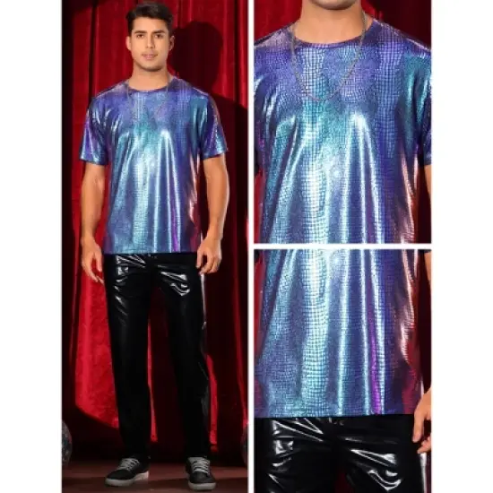 Lars Amadeus Men's Short Sleeves Metallic Animal Printed Disco Party Tee Shirts Purple Blue Medium image {3}