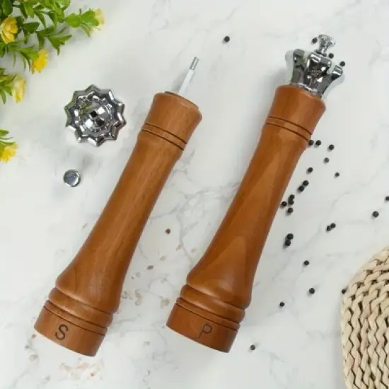 Angel Sar 10 Inch Wooden Salt and Pepper Grinder Set, 2 Pack Adjustable Ceramic Core Mills with Crown Lid, Kitchen & Dining Spice Shakers image {1}
