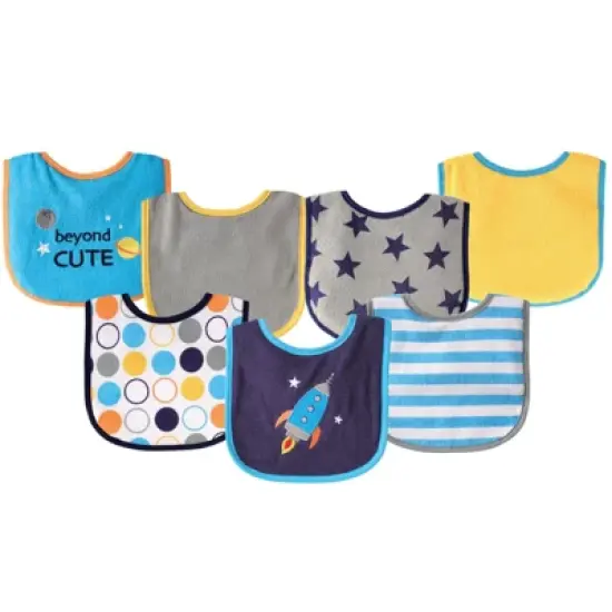 Luvable Friends Baby Boy Cotton Terry Drooler Bibs with PEVA Back 7pk, Blue Rocket, One Size image {1}