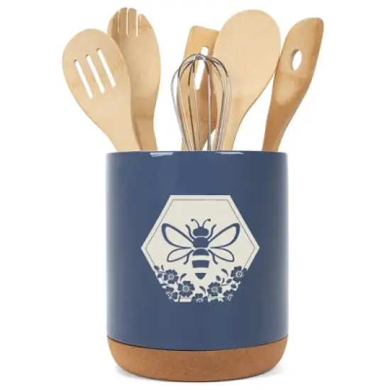 Elanze Designs Bee Honeycomb Flowers Arrangement Ceramic Cork Bottom Navy Blue Large Capacity Utensil Holder Crock for Countertop Storage, Stylish & image {4}