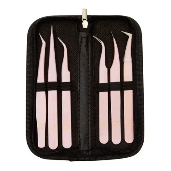 Okuna Outpost 6 Piece Metal Precision Tweezer Kit, False Eyelash Fake Lashes Extension Applicator with Storage Case, Pink image {2}