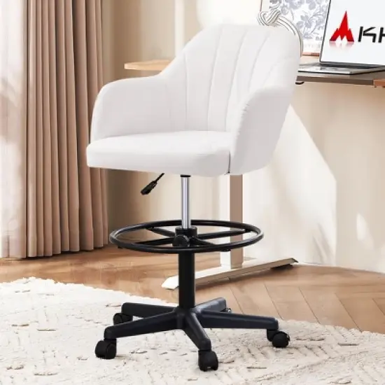 VECELO Drafting Chair with Adjustable Height PU Swivel Stool with Lumbar Support image {22}