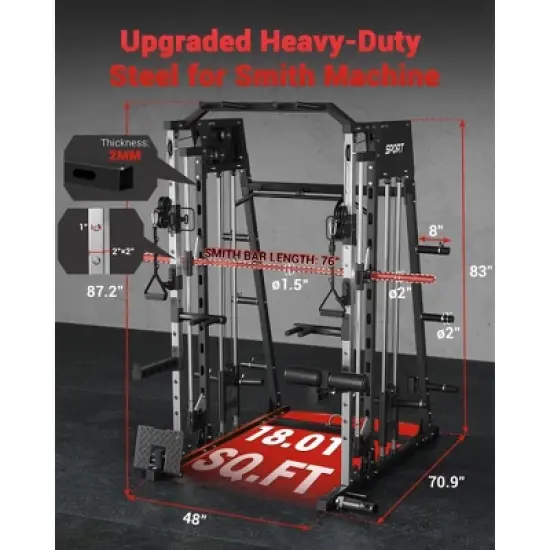 Smith Machine, 2200lbs Power Rack with Smith Bar, Cable Crossover Machine for Home Gym, Multifunctional Smith Machine with LAT Pulldown System image {2}