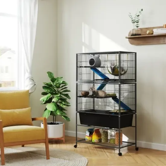 PawHut 59" 5-Level Small Animal Cage, Rolling Ferret Chinchilla Cage with Slide Out 6.3" Deep Tray, Non-Slip Cloth Covered Ramps, Hammock, Dark Gray image {2}