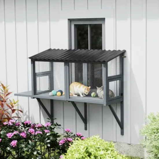 PawHut Outdoor Cat Catio, Wooden Cat Enclosure Window Perch with Jumping Platform, for Safely Enjoying Outdoor Sights, Playing, Sunbathing, Napping image {1}