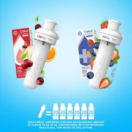 Cirkul Plastic Bottle with Blue Lid and 2 Flavor Cartridges (LifeSip Fruit Punch and FitSip Mixed Berry) - 22oz image {3}