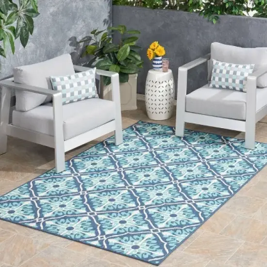 5'3" x 7' Morocco Trellis Outdoor Rug Ivory/Blue - Christopher Knight Home image {2}