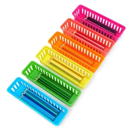 Infinite Curiosity 12-Pack Pencil Holder Trays and Organization Baskets - Plastic Caddy for Desk and Elementary Teacher Supplies image {6}