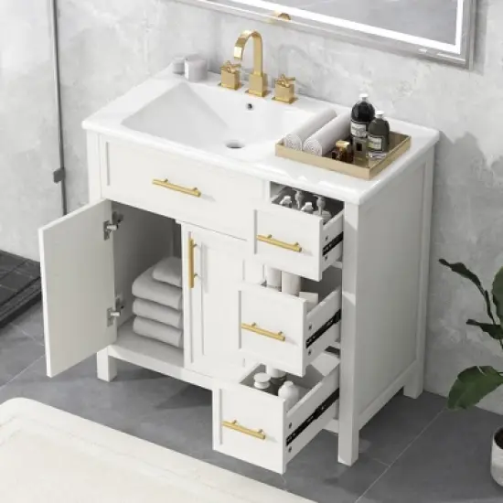 36" Bathroom Vanity with Sink Top, 2 Doors and 3 Drawers, Off White  4W - ModernLuxe image {1}