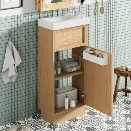 GDFStudio Morr 15.75" Farmhouse Bathroom Vanity with Reversible Resin Sink, Door and Adjustable Shelf image {1}