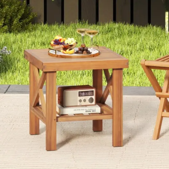 Tangkula Outdoor Side Table Acacia Wood Adirondack Table w/ Storage Shelf Natural image {1}