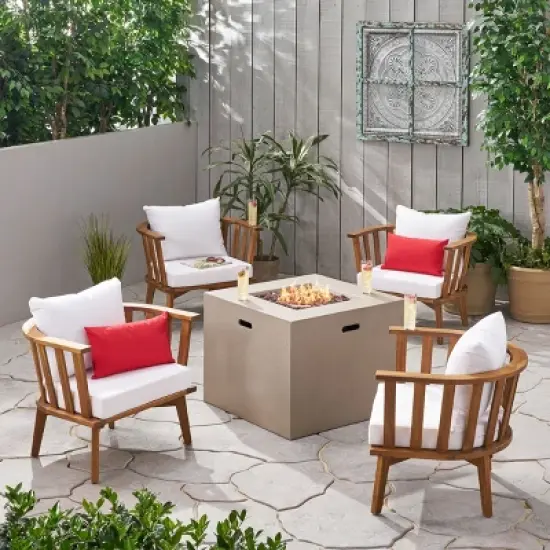 Christopher Knight Home Ridgeview Outdoor Acacia Wood 5 Piece Club Chair and Fire Pit Set with Cushions, Teak/White image {10}