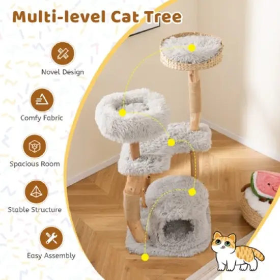 Tangkula 49" Tall Wooden Cat Tree Solid Wood Cat Tower w/ Jute Scratching Posts image {3}
