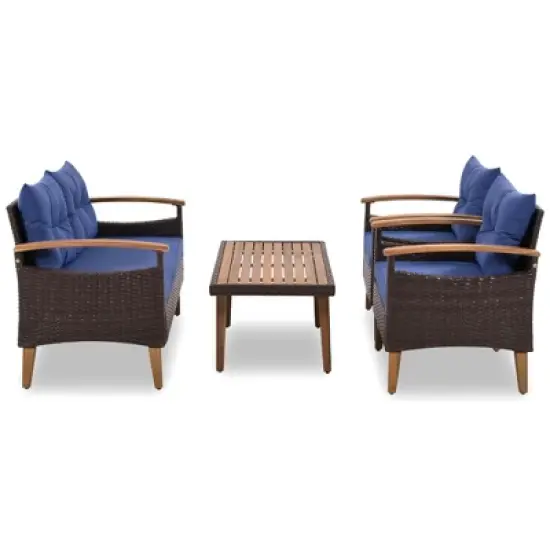 FIONECA 4-Piece Patio Furniture Set, PE Rattan Outdoor Sofa with Cushions & Wood Table, Garden Conversation Set, Brown & Blue image {11}