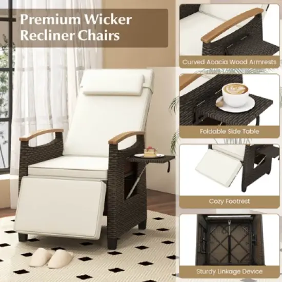 Costway 1/2 PCS Patio Wicker Recliner Chair with Adjustable Backrest Footrest Flip Side Table White/Black image {8}