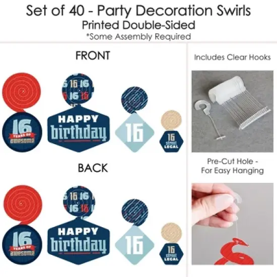 Big Dot of Happiness Boy 16th Birthday - Sweet Sixteen Birthday Party Hanging Decor - Party Decoration Swirls - Set of 40 image {4}