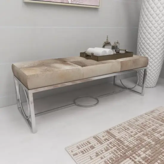 Contemporary Decorative Stainless Steel Cowhide Bench Silver - Olivia & May image {8}