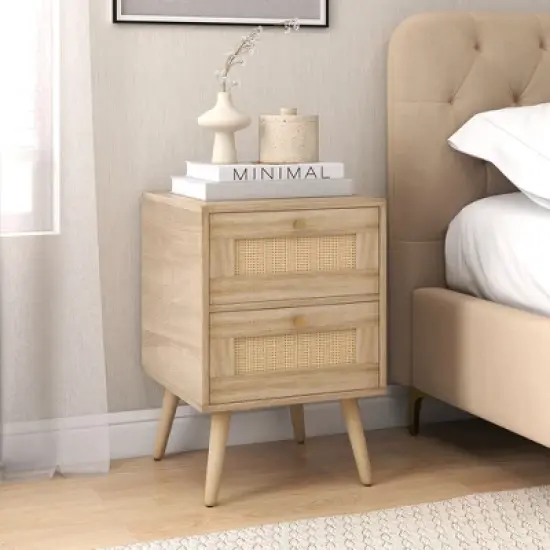 Costway 1/2 PCS Rattan Nightstand Boho Accent Bedside Table with 2 Storage Drawers Natural image {2}