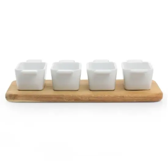 Gibson Elite Gracious Dining 5 Piece Fine Ceramic Tidbit Dish Set with Acacia Wood Base image {1}