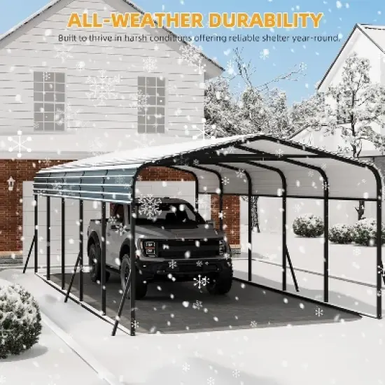 Acekool 12x24 FT Heavy Duty Metal Carport with Galvanized Steel Roof, Outdoor Shelter with Reinforced Base, Tall Garage for Cars, Trucks, Boats, Gray image {7}