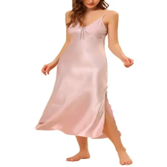 cheibear Womens Pajama Dress Spaghetti Strap Nightdress Cami Lounge Satin Nightgowns image {10}