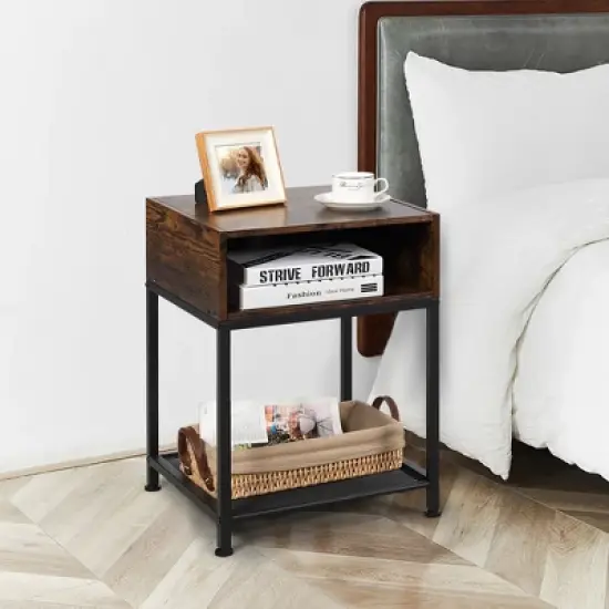 Costway Industrial Nightstand End Side Table W/ Compartment & Mesh Shelf Rustic Brown image {3}