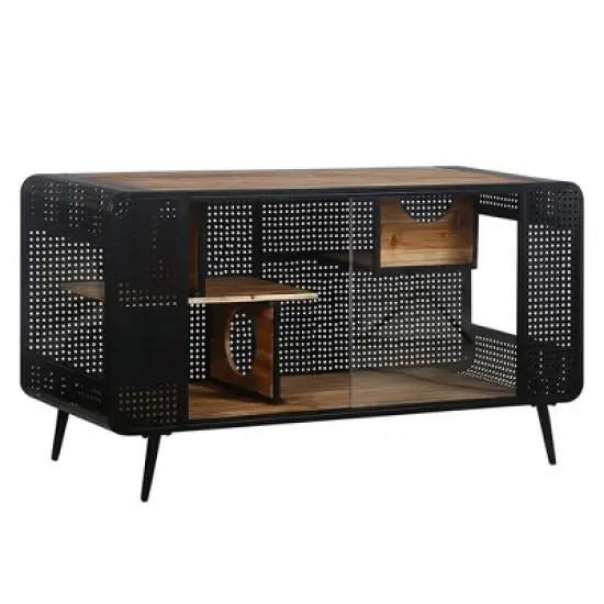 55 Inch Cat Litter Box Furniture, Metal Cat House with 2 Sliding Glass Doors, Media Console Table, Pet Kennel for Living Room Hallway Black image {4}