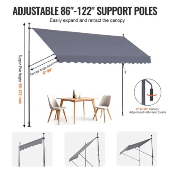 VEVOR 157 x 47" Patio Awning Retractable, Awning Sunshade Shelter with Manual Crank Handle, Adjustable Height from 86 to 122 in, Dark Gray image {4}