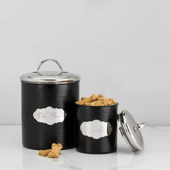 Amici Pet Cavalier Treats Canister, Black & Silver Hammered Metal Dog Treat Container with Handle Lid - 38 Oz. Airtight Pet Food Storage Jar image {5}