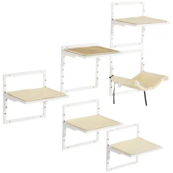 PawHut 6-pc Cat Wall Shelves for Indoor Cats, Height Adjustable Cat Shelves and Perches for Wall-Mounted Cat Tree, Cat Climbing Shelf Set, Cream image {3}