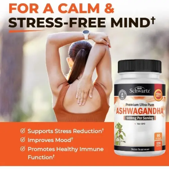Premium Ultra Pure Ashwagandha Supplements, Promotes Healthy Immune Function & Supports Stress Reduction, Bioschwartz, 120ct image {1}