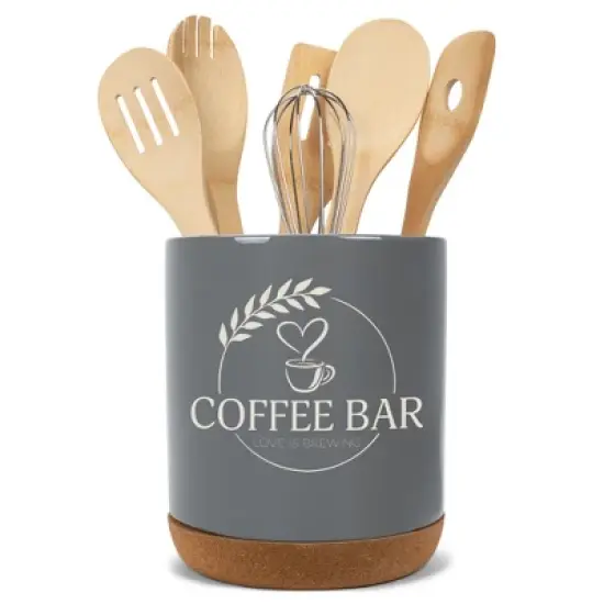 Elanze Designs Coffee Bar Love Is Brewing Barista Latte Ceramic Cork Bottom Gray Large Capacity Utensil Holder Crock for Countertop Storage, Stylish & image {4}