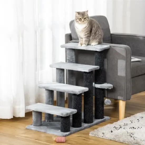 PawHut 4 Levels Cat Steps, Pet Stairs Carpeted Ladder, Kitten Tree Climber with Scratching Posts, Hanging Play Ball, Side Step, for High Bed, Sofa image {2}