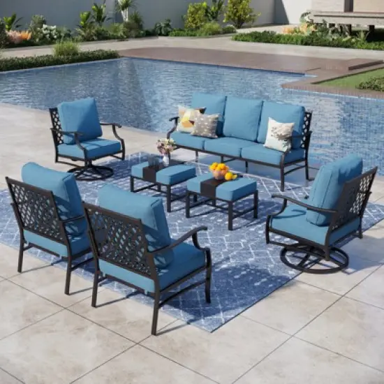 Captiva Designs 7pc Metal Patio Outdoor Conversation Set with Swivel Grid-back Chairs, Ottomans for Garden, Poolside, Backyard image {10}