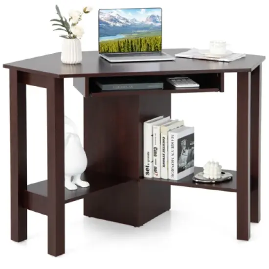 Costway Wooden Corner Desk With Drawer Computer PC Table Study Office Room Brown image {9}