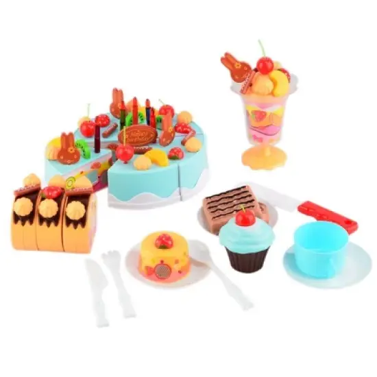 Link 75 piece Birthday Fruit Decoration Cake, DIY Fruit Cake, Pretend Play Desserts Food Toy Set, Blue image {6}