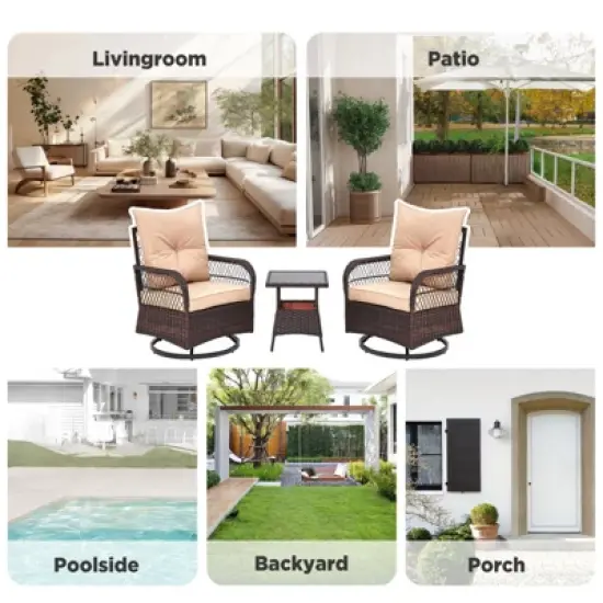 EROMMY 3 Pieces Patio Swivel Rocker Rattan Chairs, Outdoor Swivel Rocking Chairs With 1 Rattan Coffee Table, 360 Degree Swivel Patio Chairs For Lawn image {5}