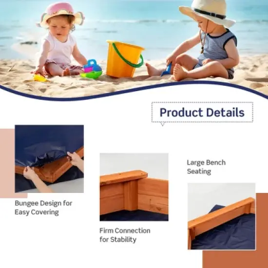Costway Hexagon Wooden Cedar Sand Box w Seat Boards & Cover & Ground Liner image {8}