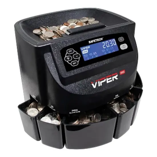 SafeTech Viper V395 Coin Counter, Sorter, and Wrapper, with 48 Preformed Wrappers and Dust Cover in Black image {8}